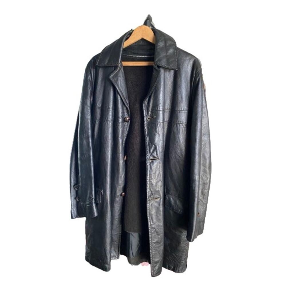 Vintage Lightly Distressed Black Leather‎ Trench Coat Wooden Button Mens Med 38